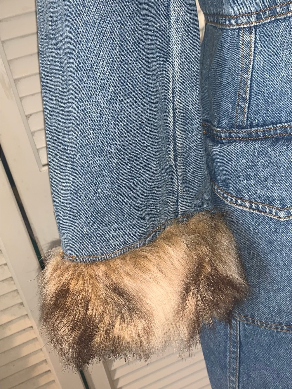 OTB Vintage Y2K Denim Penny Lane Trench Coat Faux Fur Trim Boho Afghan Jacket L - Picture 4 of 13